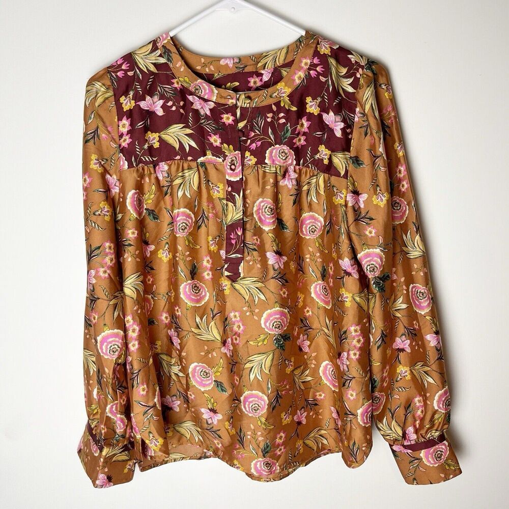 NWT Loft Mixed Print Henley Blouse Satin Floral Brown‎ Small​